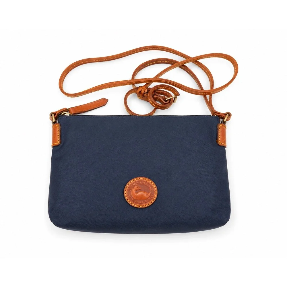 Dooney & Bourke Navy Blue Nylon Tan Leather Trim Crossbody Bag Duck Logo